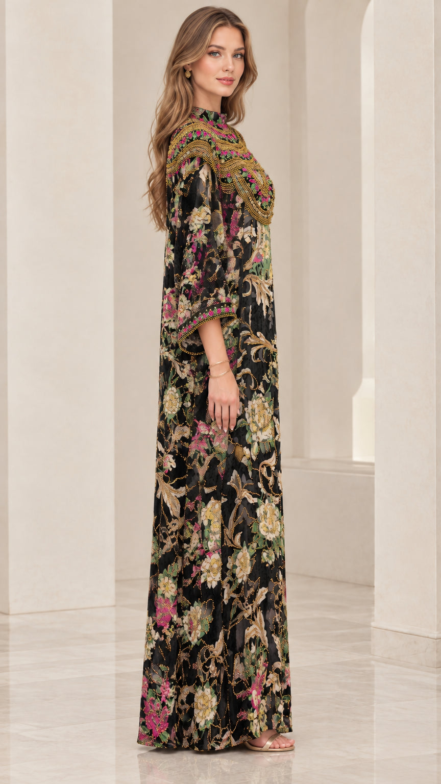 Side profile of model wearing black floral beaded kaftan maxi dress