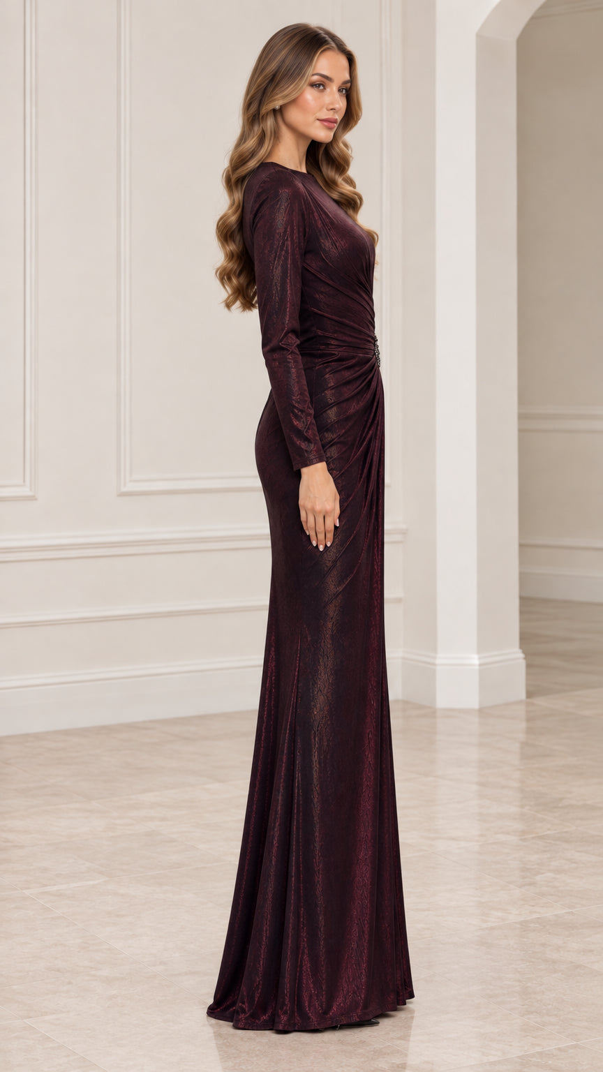 Side profile of model in Burgundy shimmering floor length formal dress