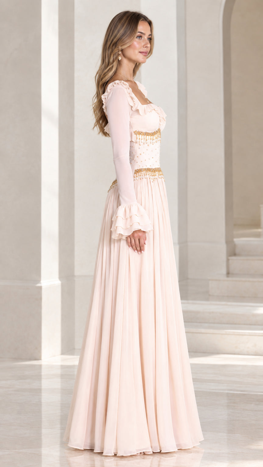 Champagne long sleeve formal gown side profile view