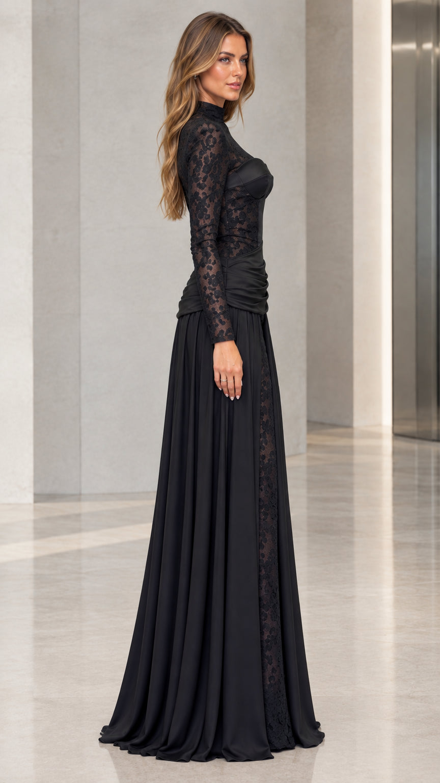 Side profile of black long sleeve lace maxi dress