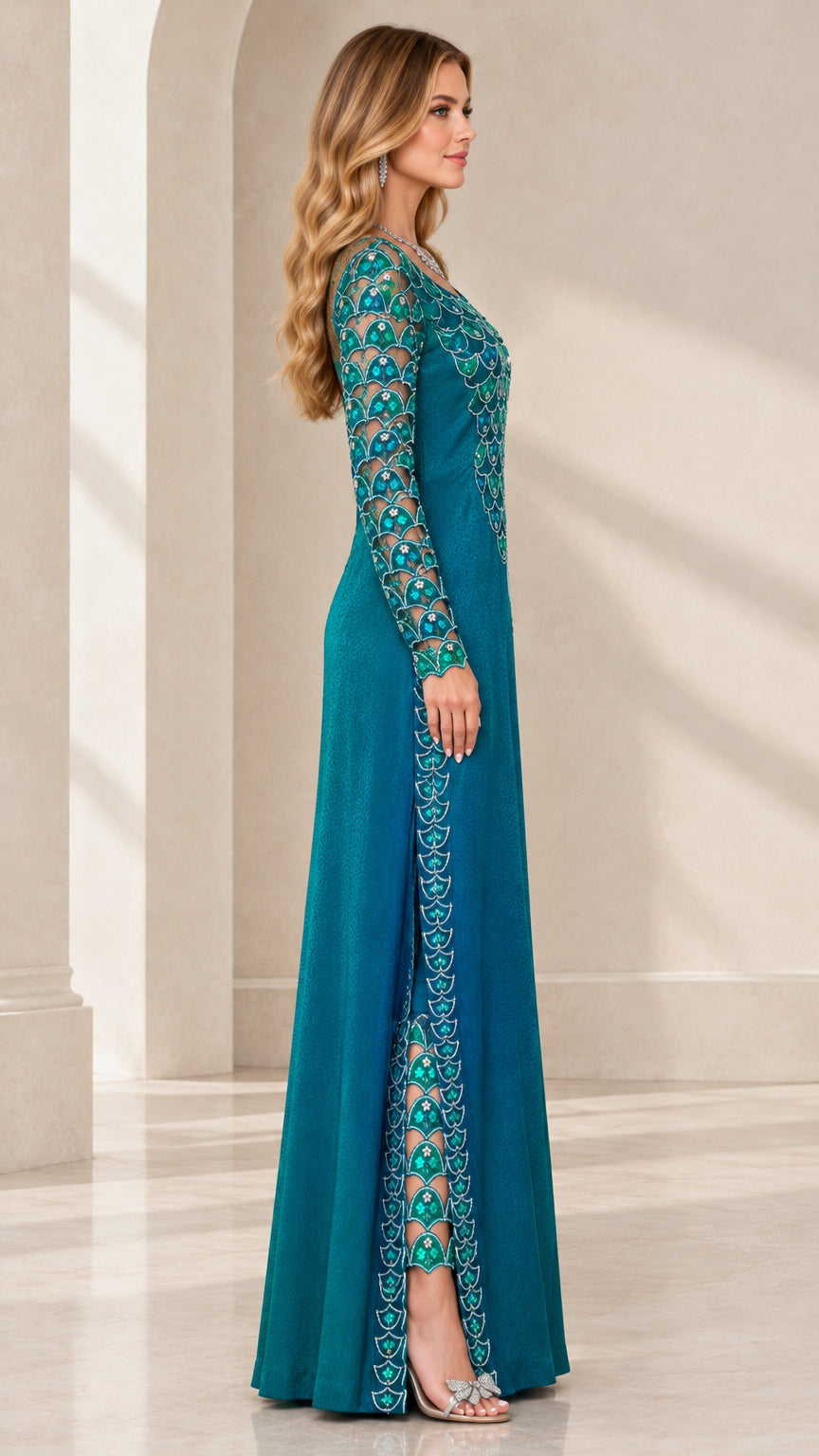 Side profile of woman in teal blue embellished formal dress showing side slit detail