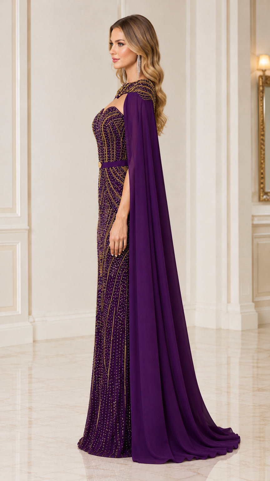Side view of purple cape evening gown showing flowing drape silhouette