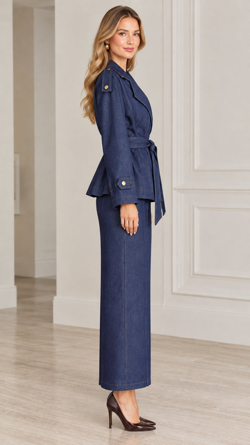 Side profile view of Denim Blue two-piece peplum jacket and maxi skirt suit