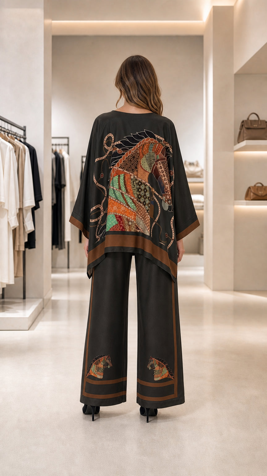 Back view of model showing the horse scarf motif on the black poncho top