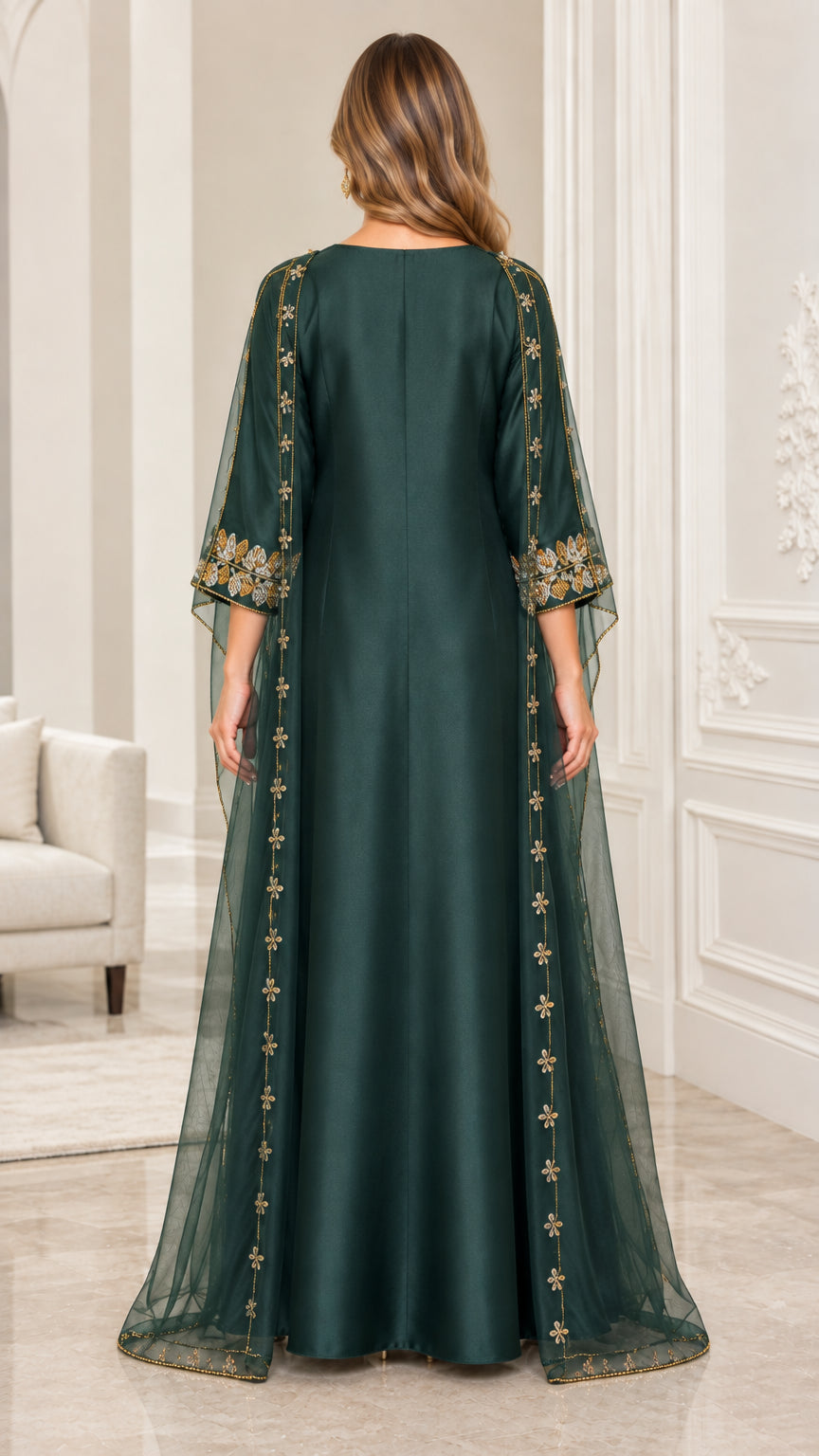 Back view of model wearing Emerald Green formal abaya gown with mesh cape