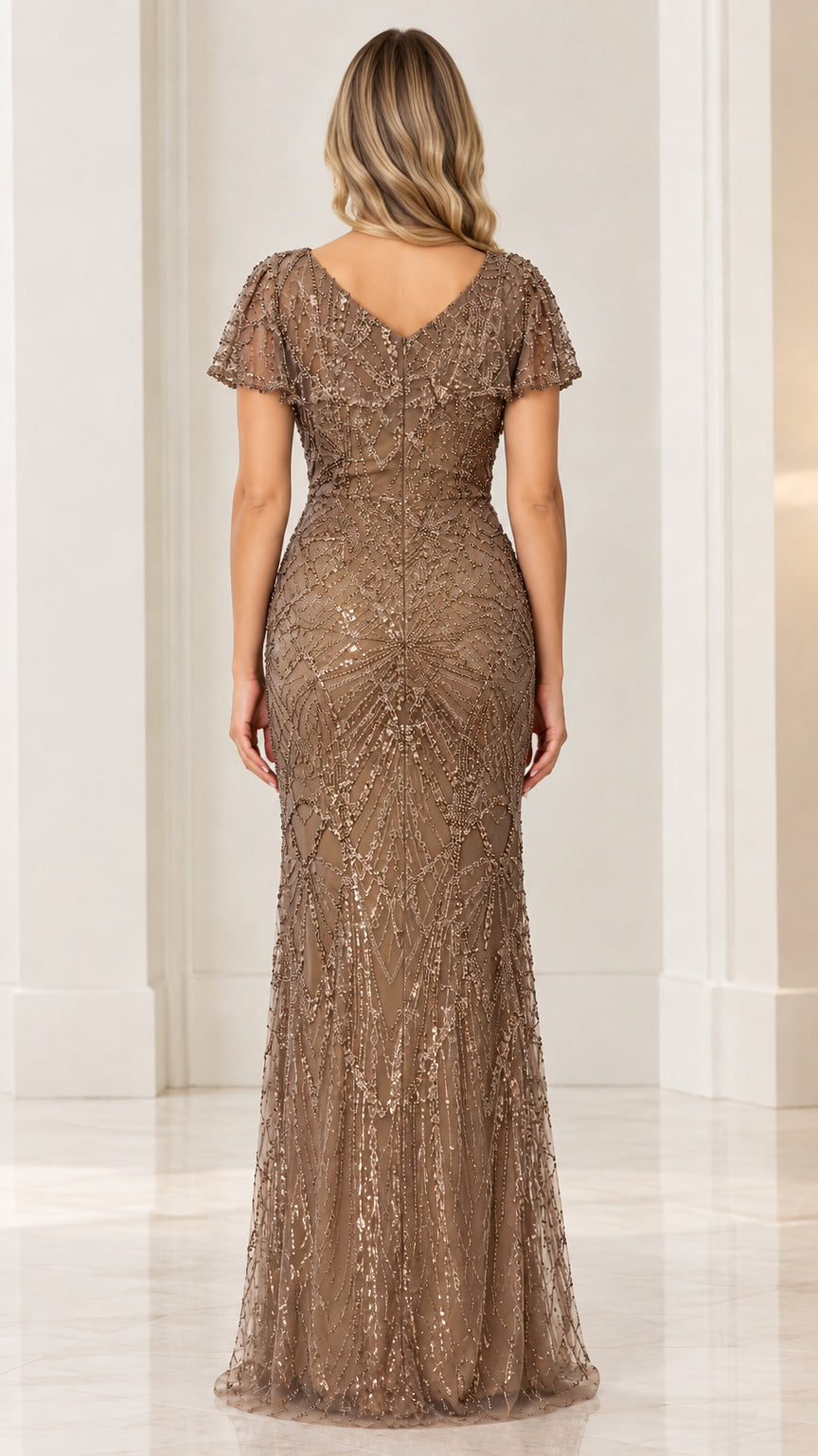 Taupe sequin v-neck evening gown back view