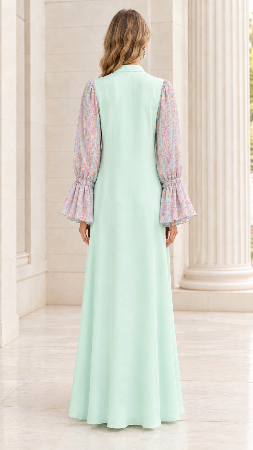 Back view of Mint Green floor length modest dress
