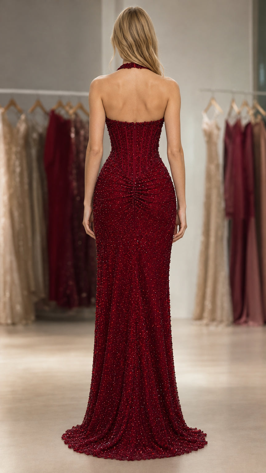 Back view of model showing open back and sweep train on Burgundy gown