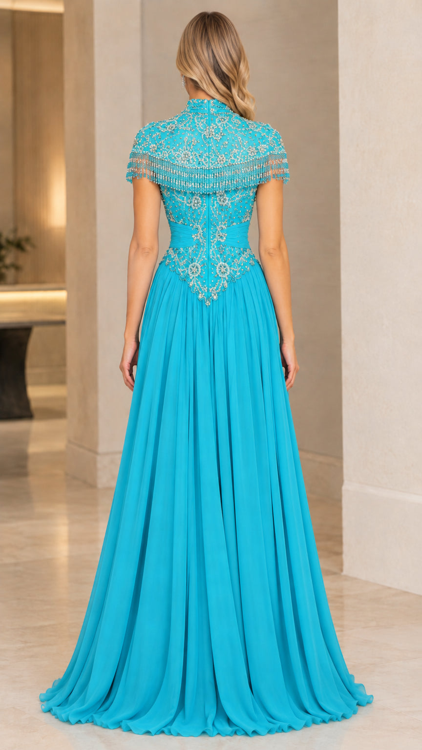 Turquoise floor-length formal dress back view