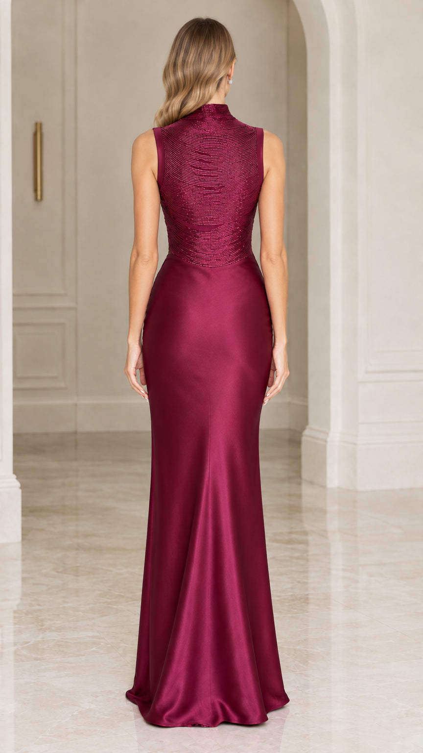 Wine satin high neck evening gown back view