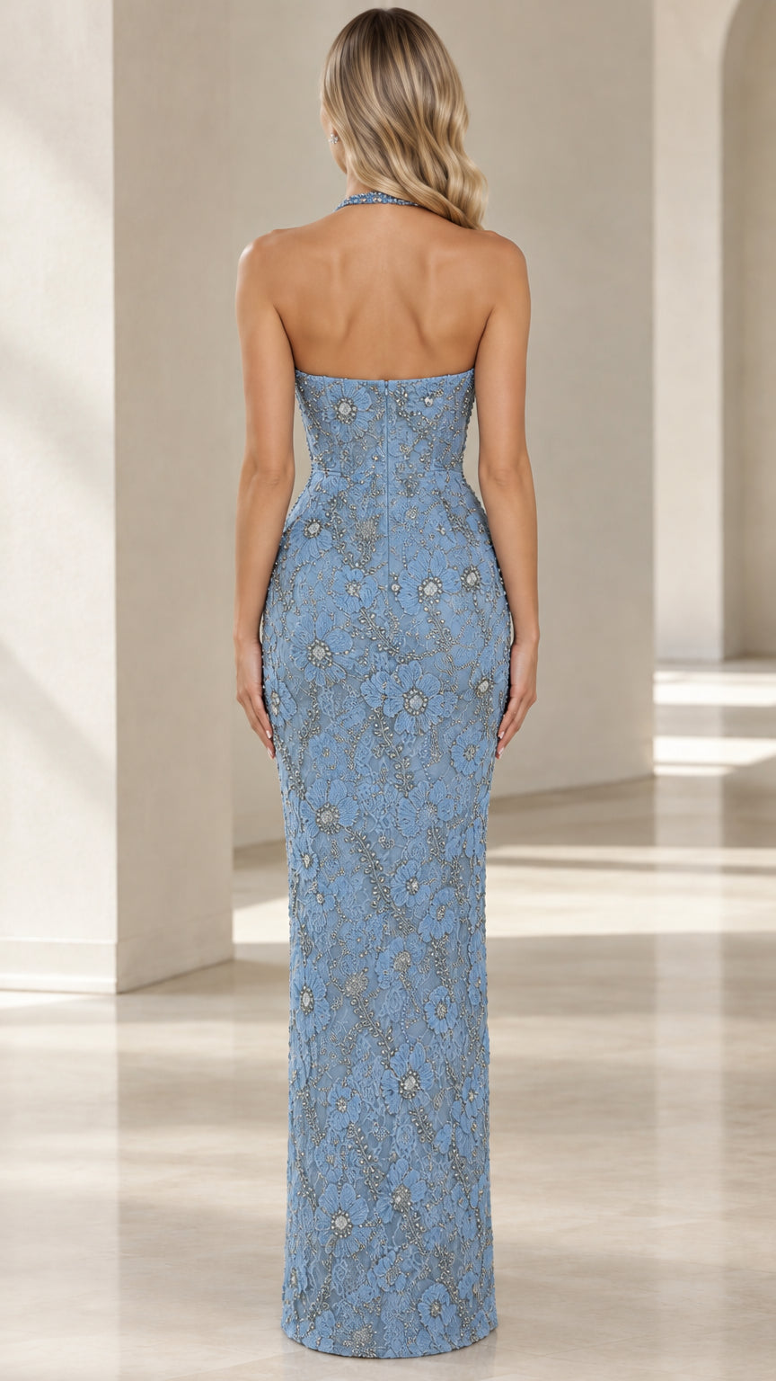 Back view of woman in open-back Dusty Blue formal evening gown