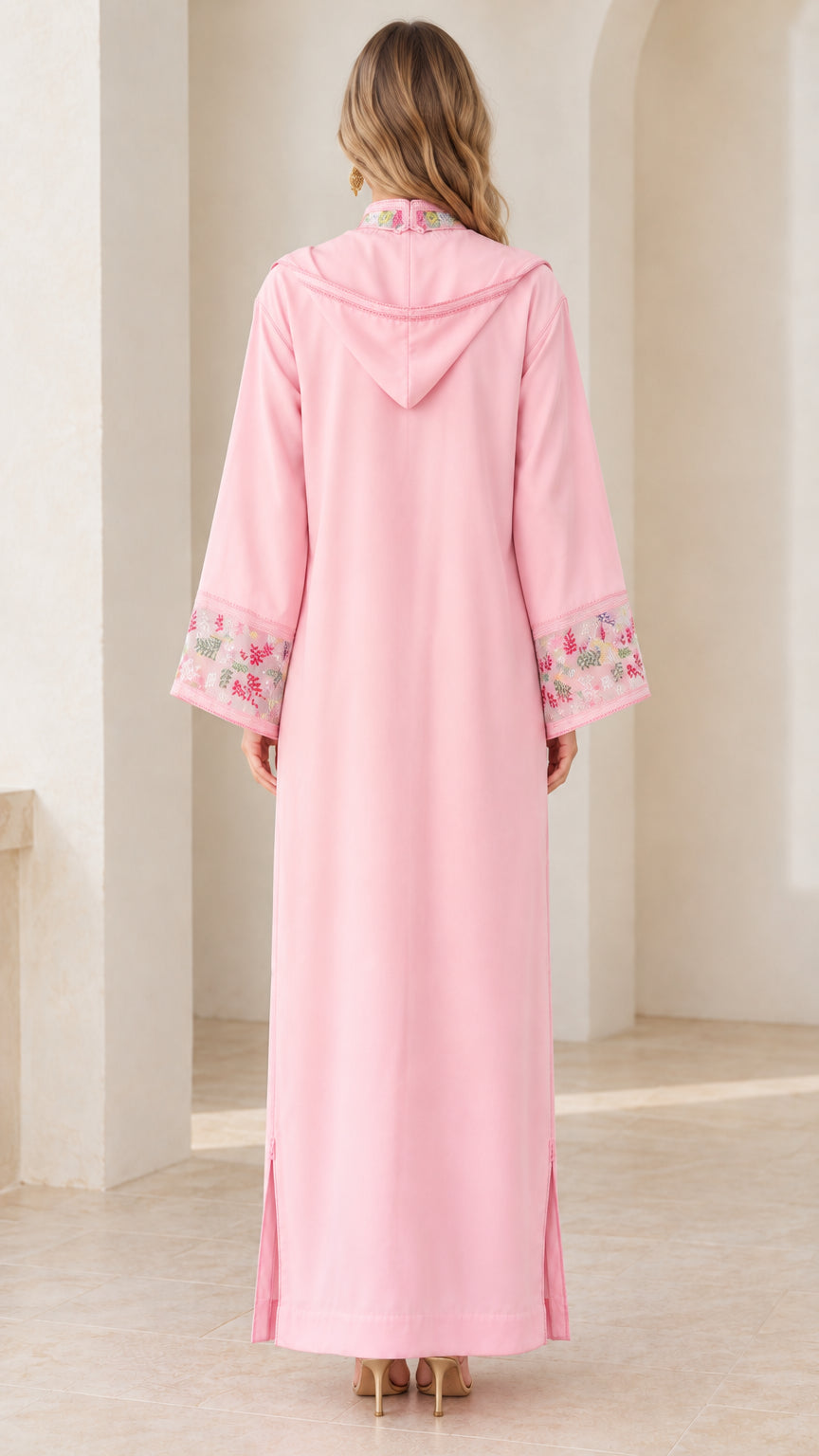Back view of model wearing pink hooded maxi djellaba dress