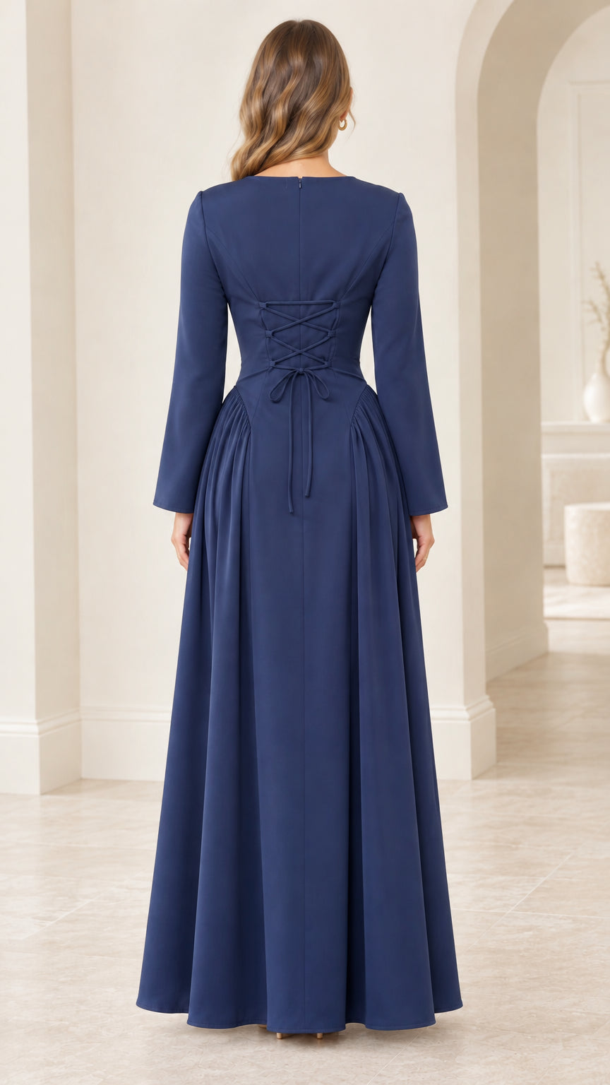 Back view of navy blue maxi dress showing lace-up corset detail and zipper