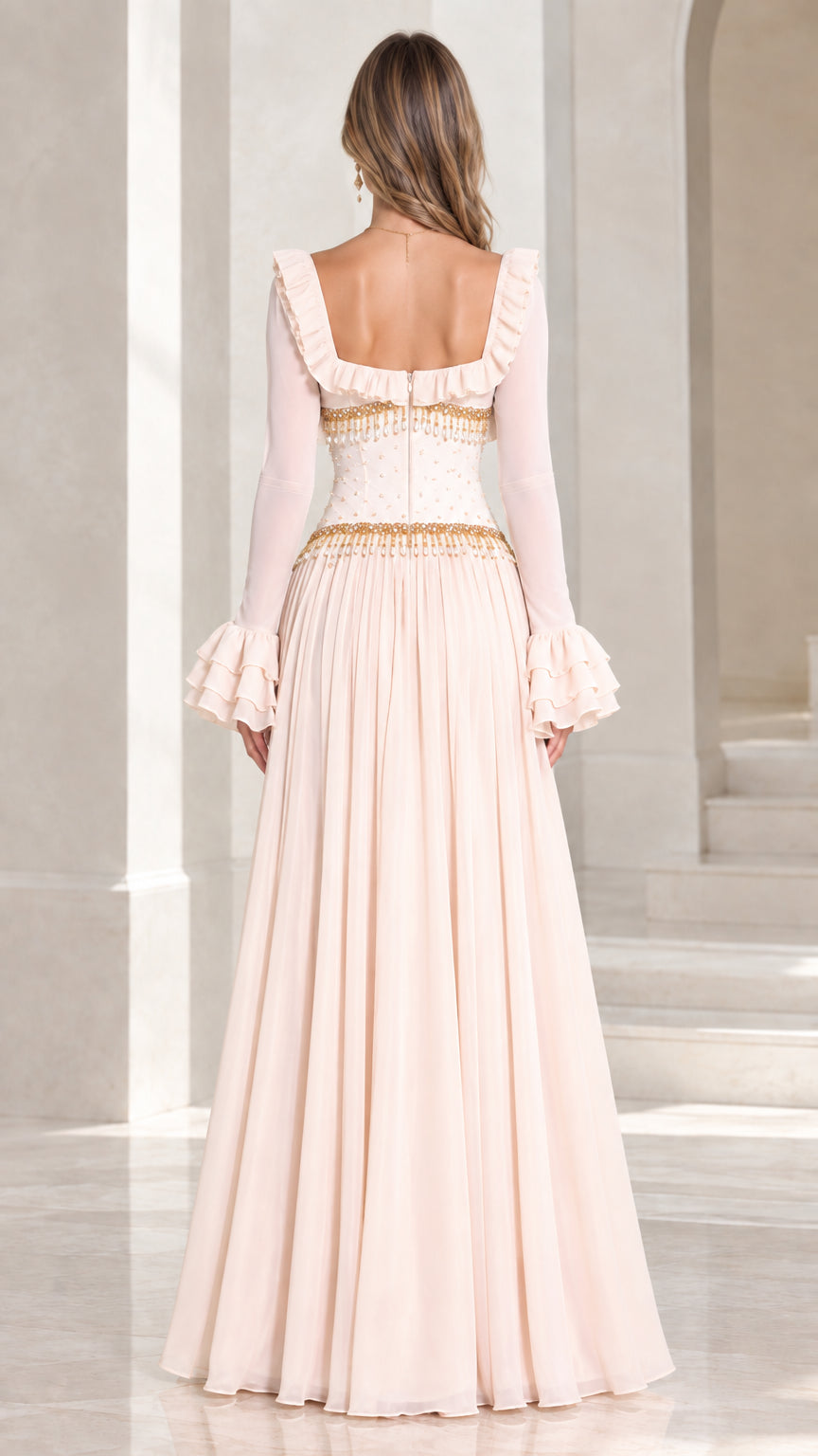 Champagne elegant evening gown with back zipper detail back view