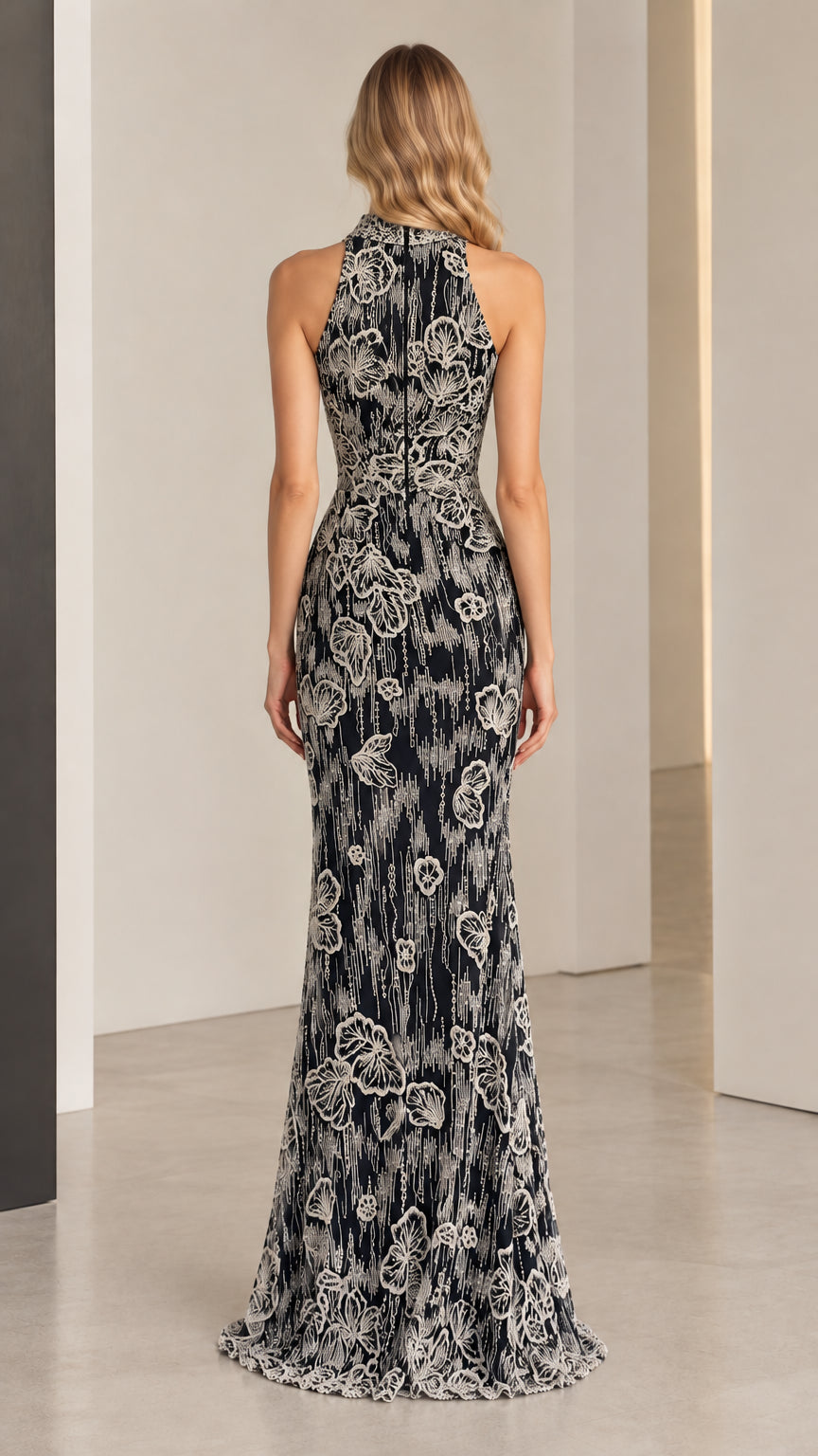 Black floral floor-length maxi dress shown from the back