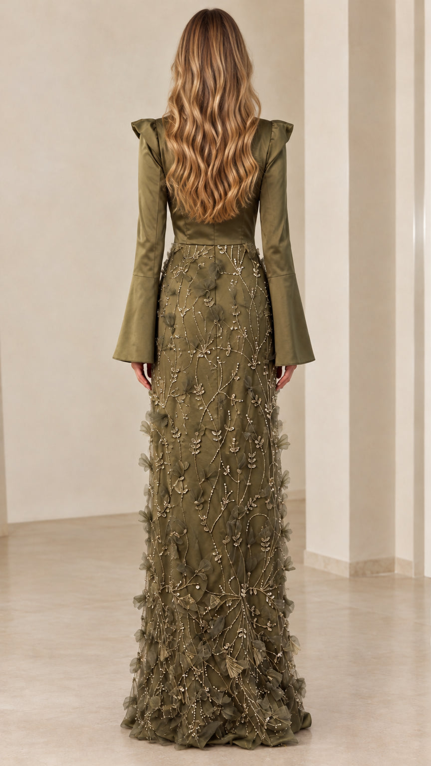 Back view of model showing the full-length Olive Green evening dress
