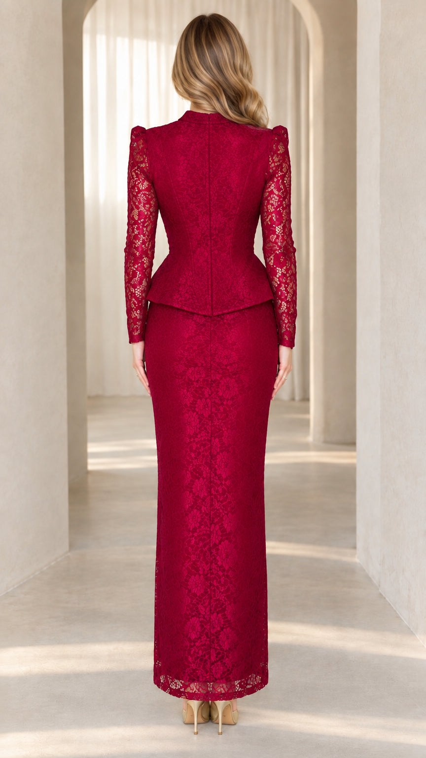 Back view of burgundy floral lace maxi dress with peplum waist