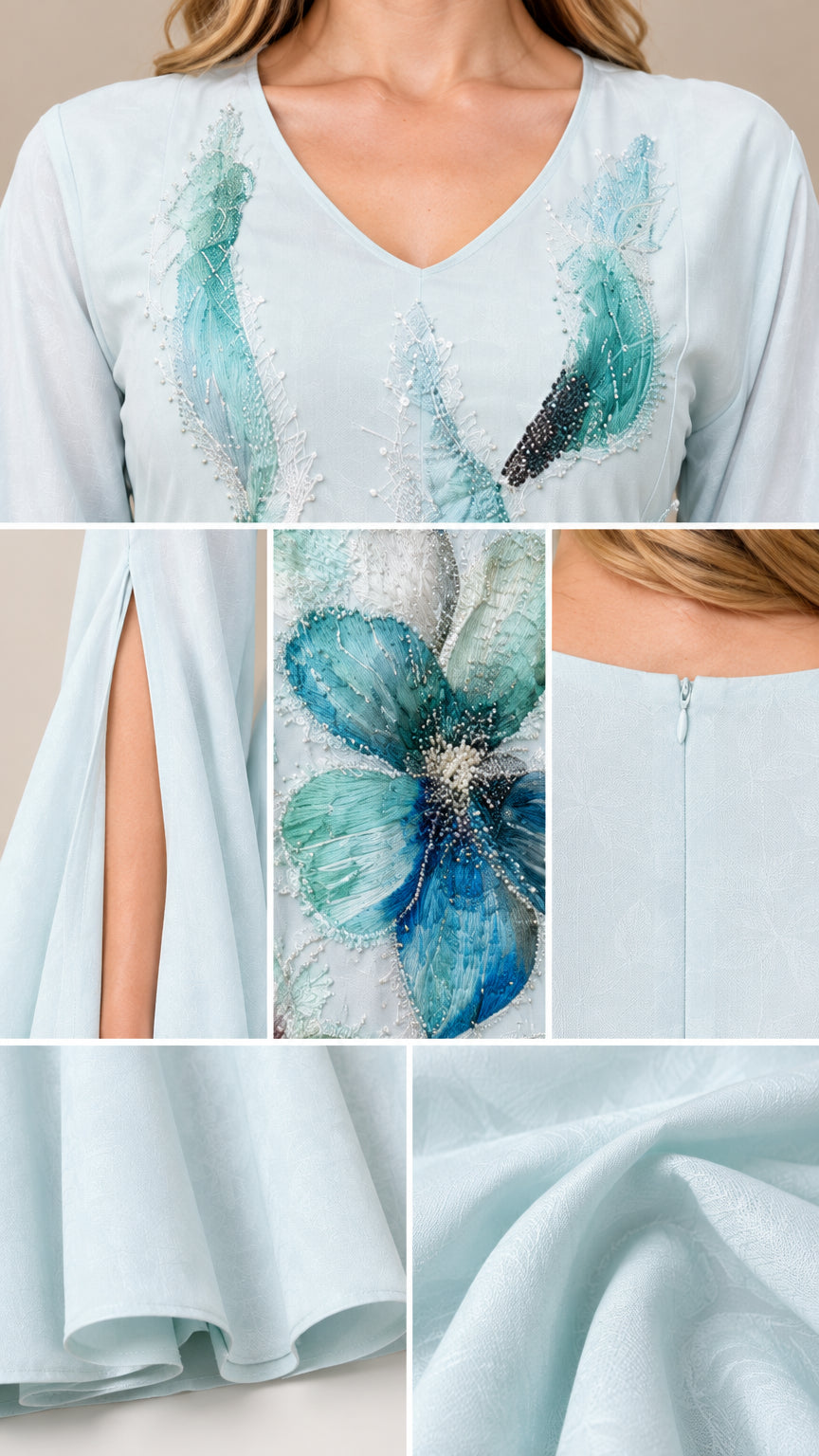 Close-up details of neckline embroidery, split sleeve, floral applique, and fabric texture