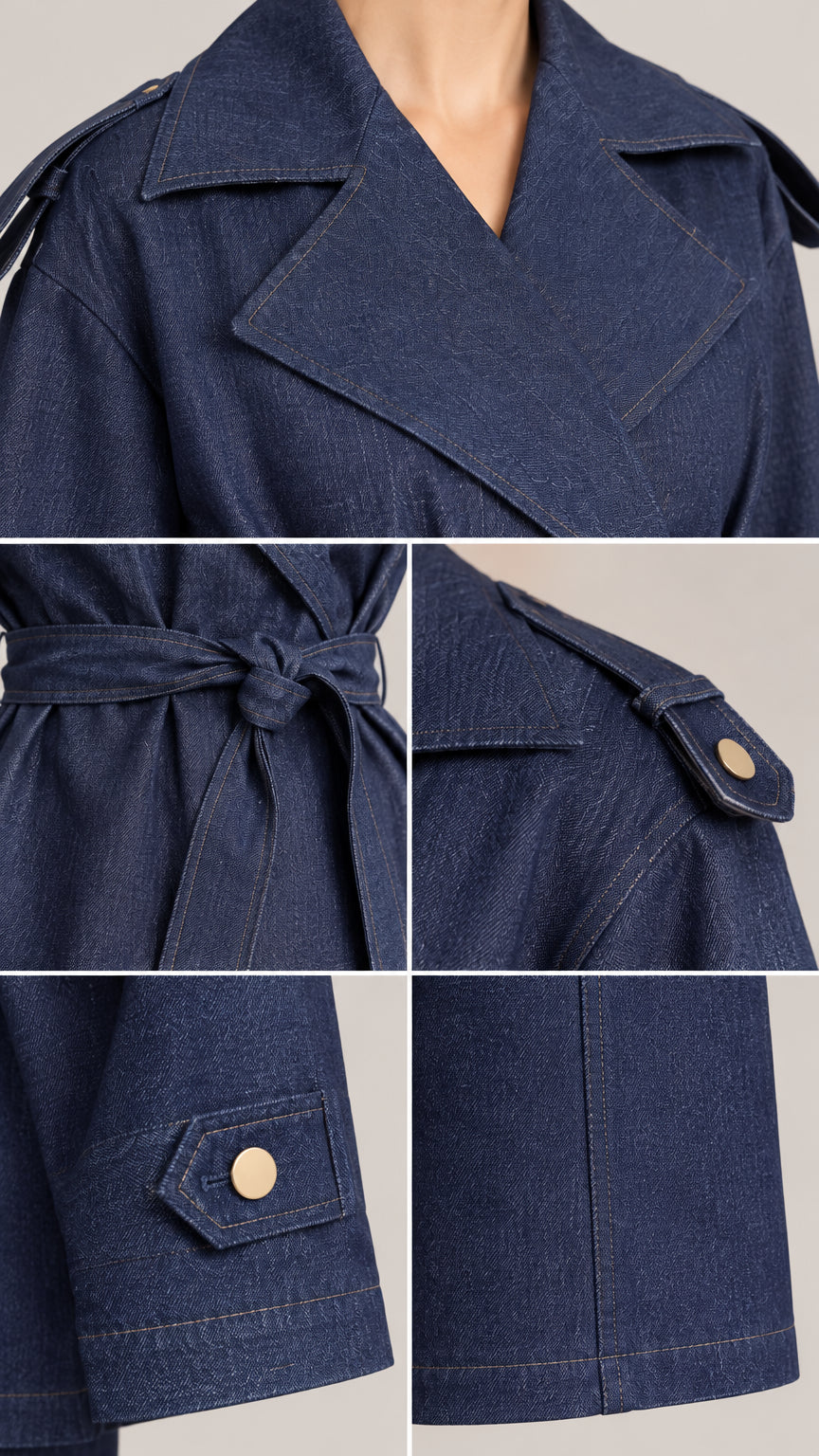 Close-up detail collage showing lapel collar, tie belt, buttoned cuff, and hem finish