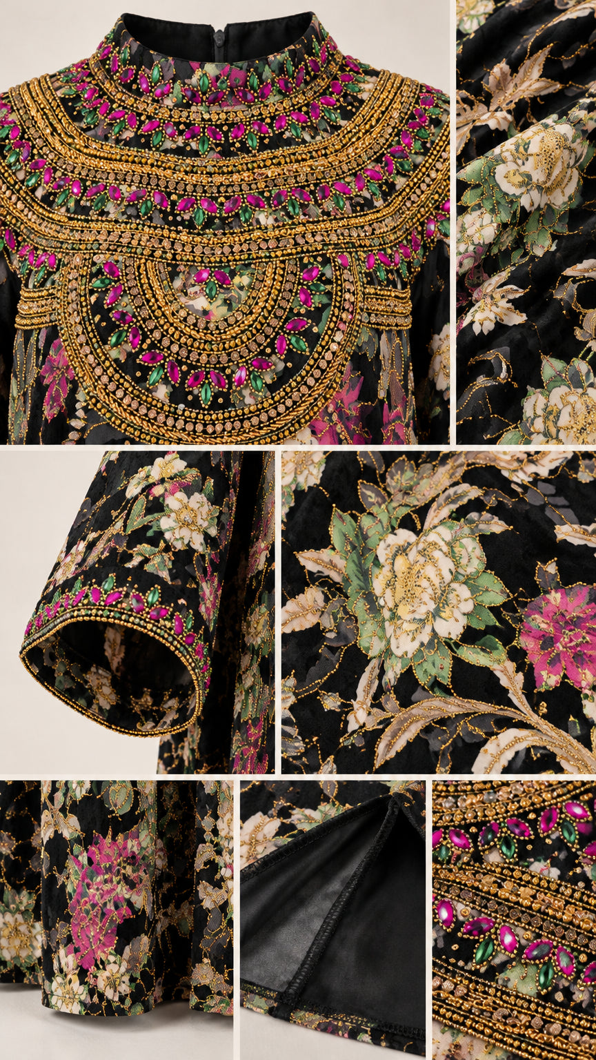 Close-up details of beaded neckline trim, cuffs, and floral fabric texture