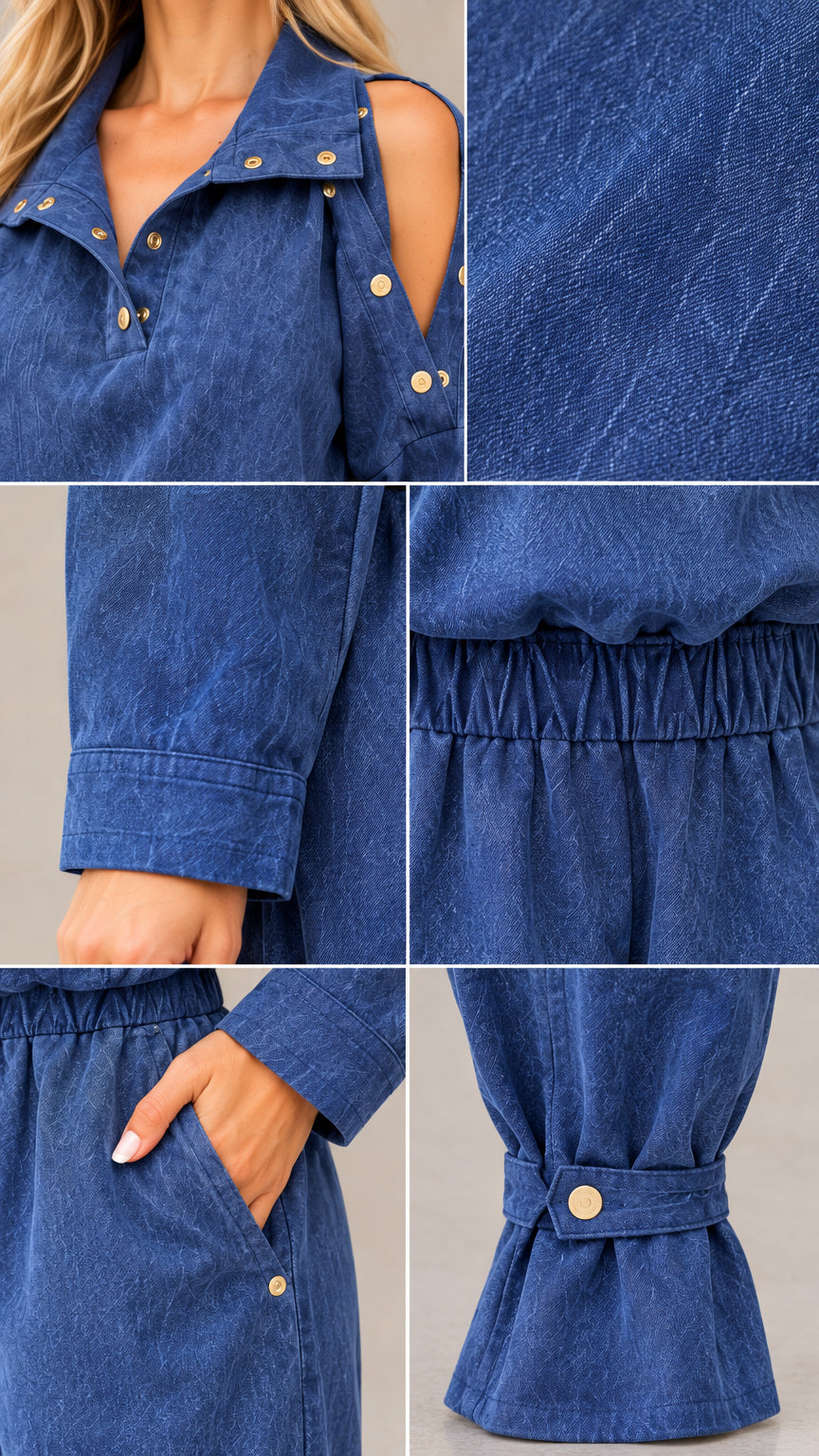 Close-up details of collar, shoulder buttons, fabric texture, pockets, and ankle tabs