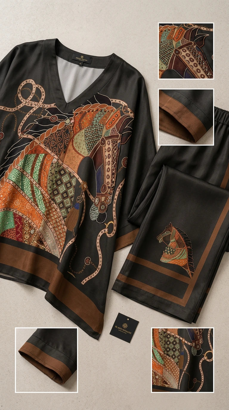 Flat lay and detail close-ups of the black equestrian print fabric, neckline, and cuffs
