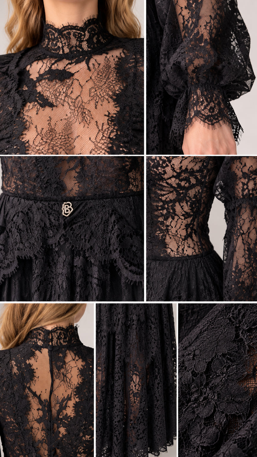 Close-up details of floral lace fabric, high collar, cuffs, and waist trim