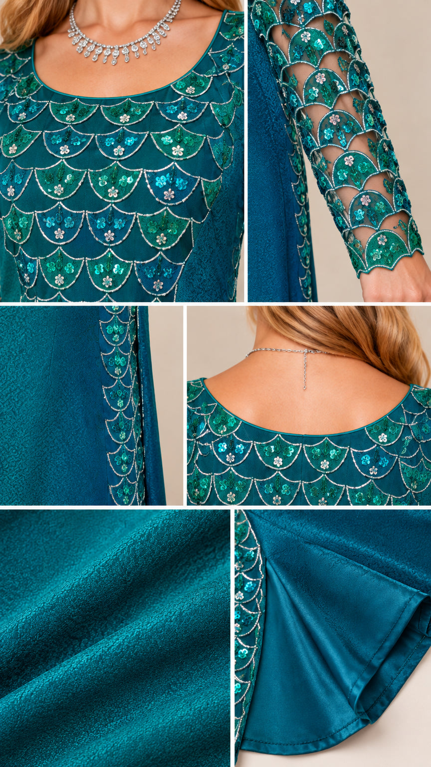 Close-up details of sequin embroidery, neckline, sheer sleeve pattern, and fabric finish