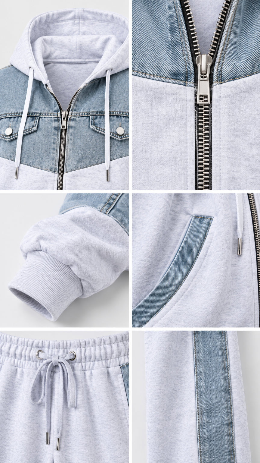 Close-up details of denim patchwork yoke, silver zipper, pocket trim, ribbed cuff, and drawstring waistband