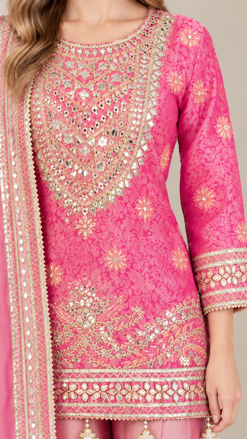 Close-up detail of mirror work and metallic embroidery on pink kurti bodice