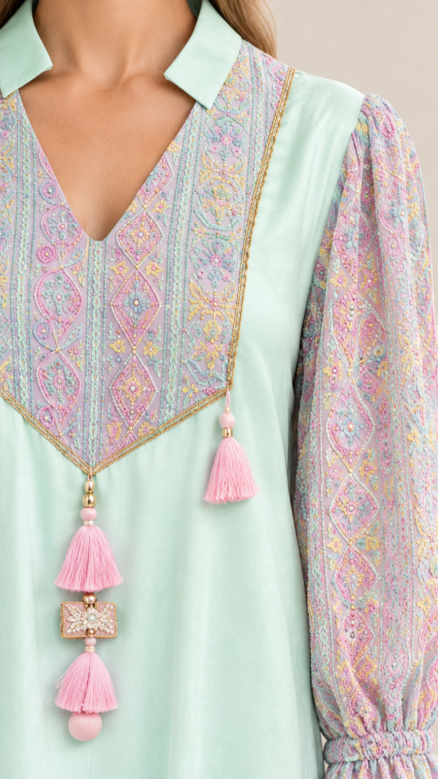 Close-up of ornate embroidered neckline with hanging pink tassels and metallic trim