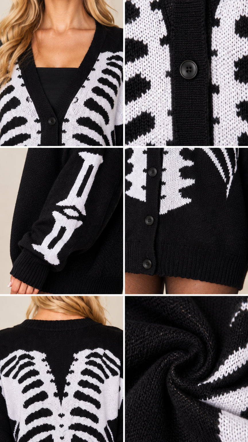 Detailed close-ups of skeleton knit pattern, button closure, neckline, and soft yarn texture