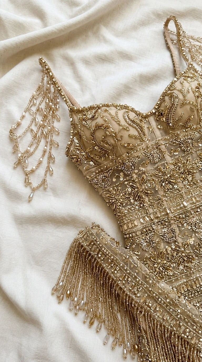 Close-up detail of intricate gold beading, corset boning, and tassel fringe