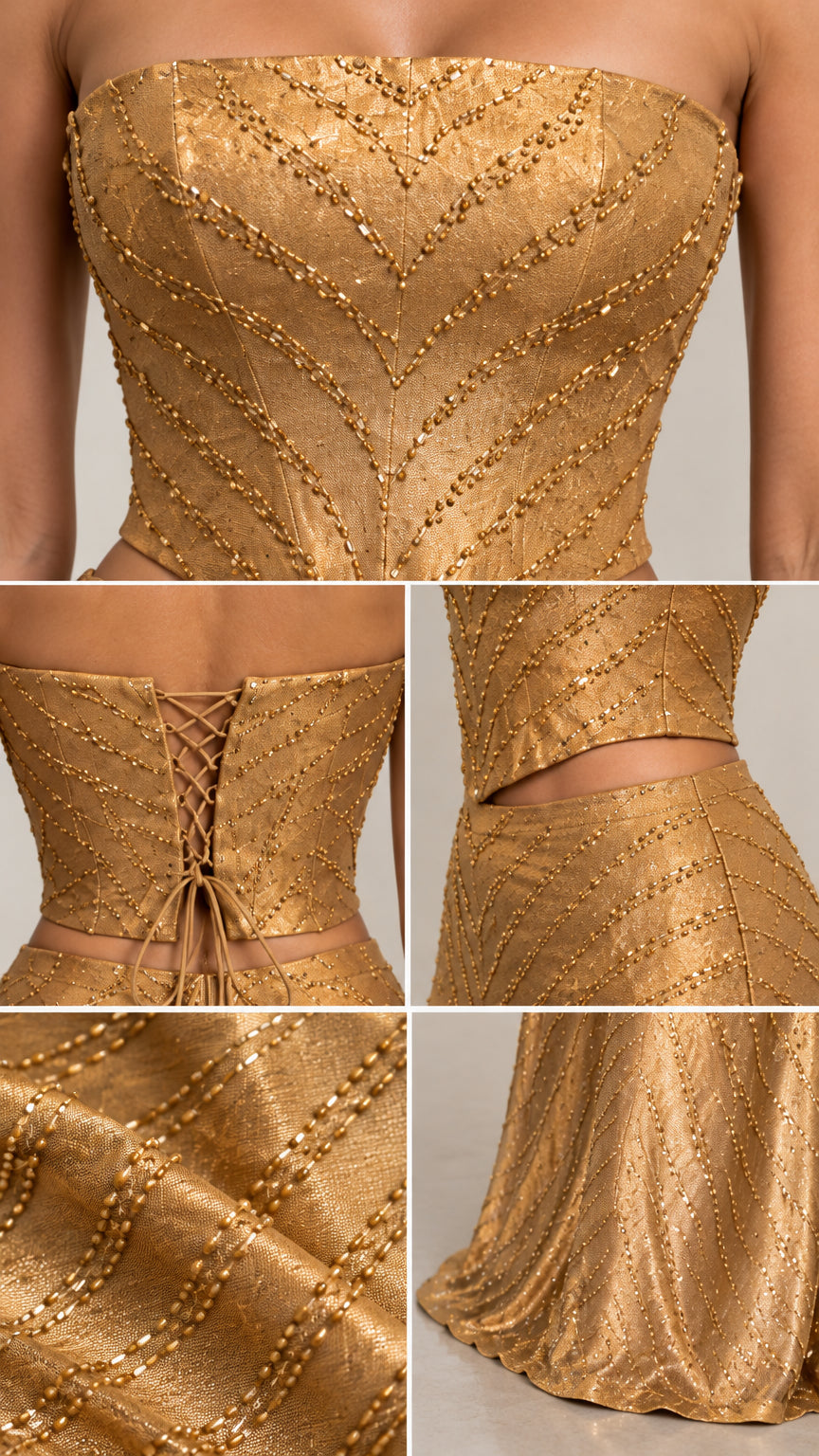 Close-up of beaded embellishments and lace-up back on gold corset set