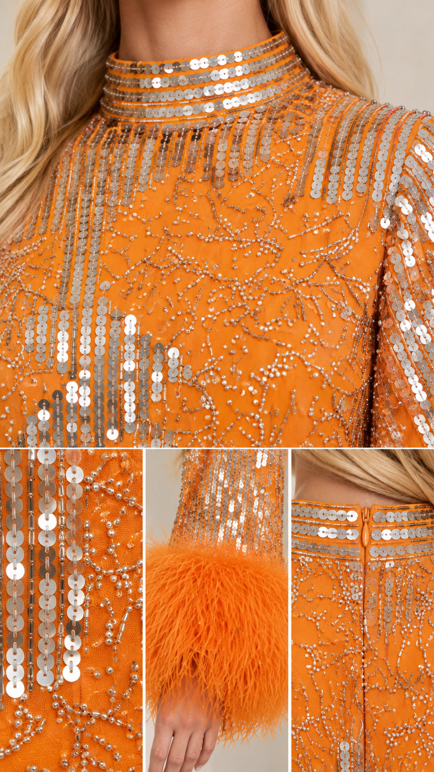 Close-up details of orange sequin pattern, mock neckline, back zipper, and feather cuff