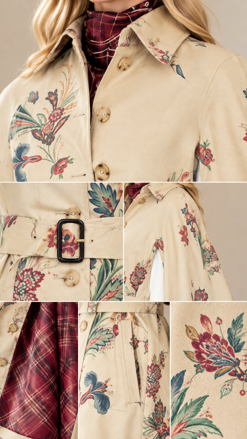 Close-up details of botanical cape coat showing point collar, buttons, buckle belt, arm slit, and plaid lining