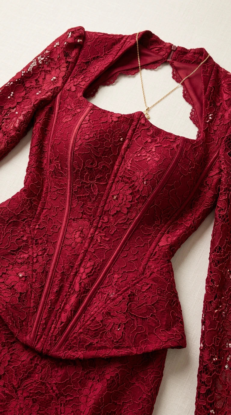 Close-up detail of burgundy floral lace bodice with boning and cutout neckline