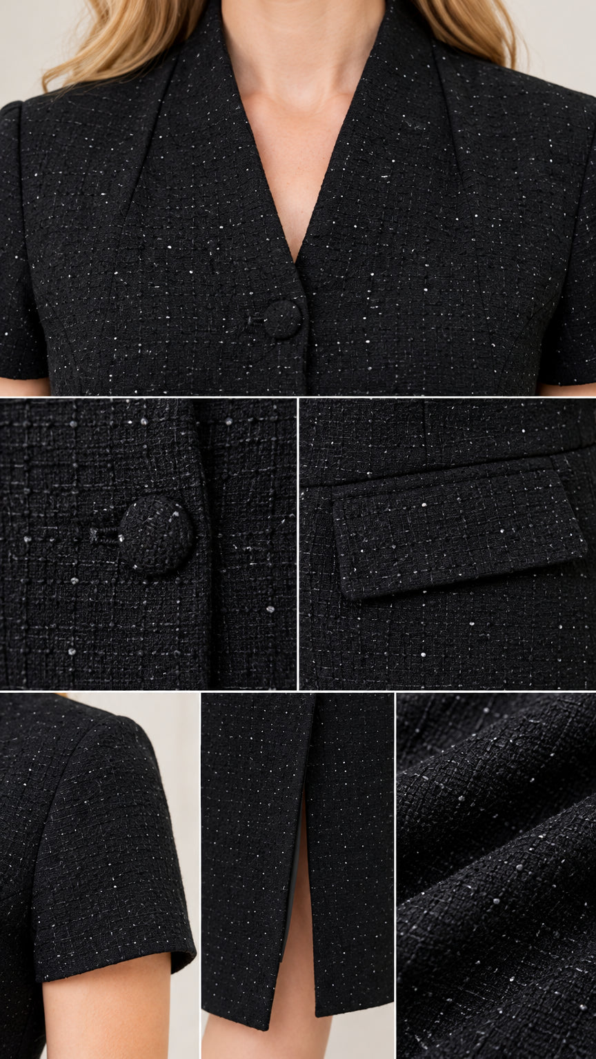 Close-up details of black tweed fabric texture, covered buttons, lapel collar, and front slit
