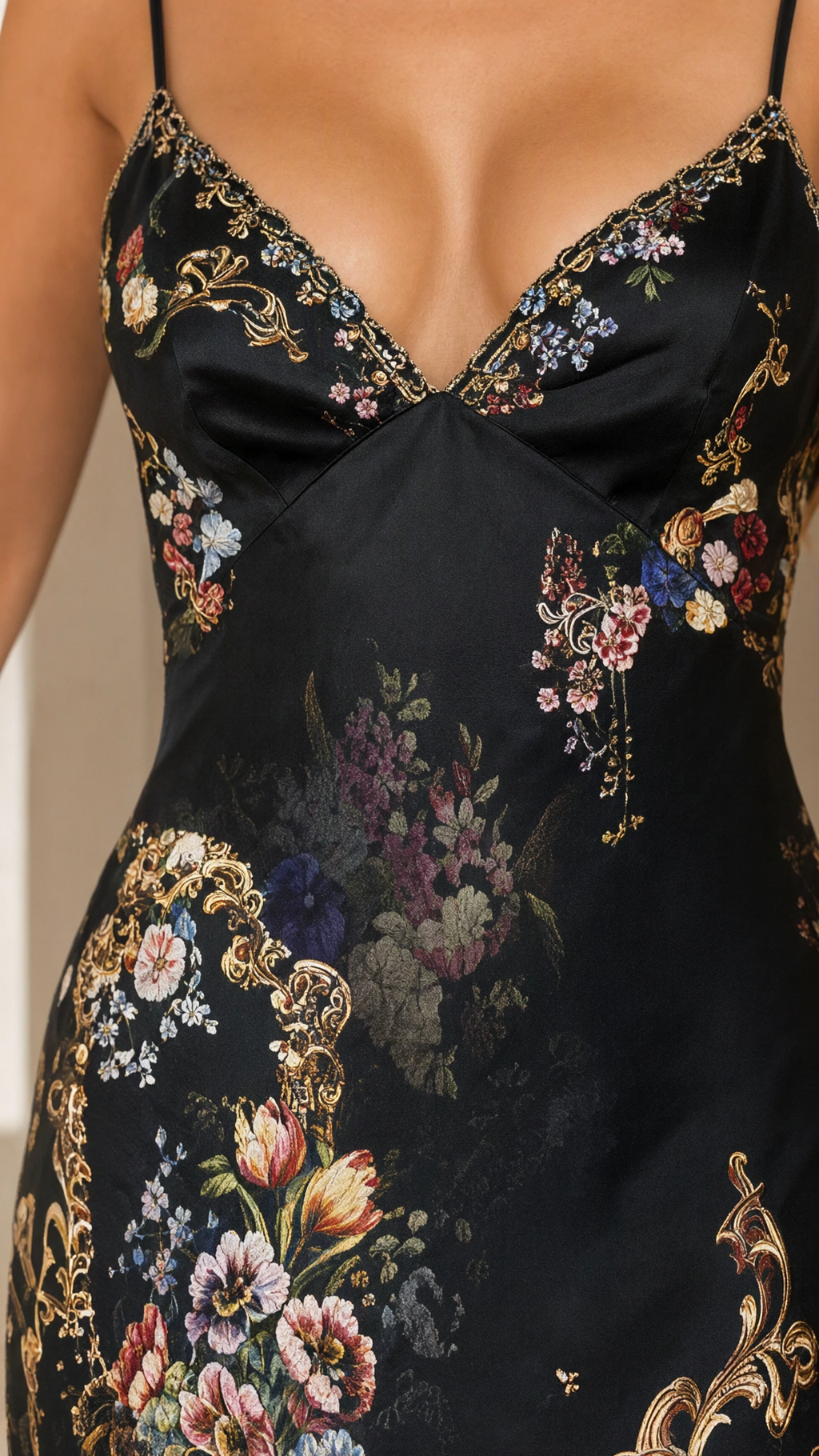 Close-up detail of sweetheart neckline and floral print on satin dress