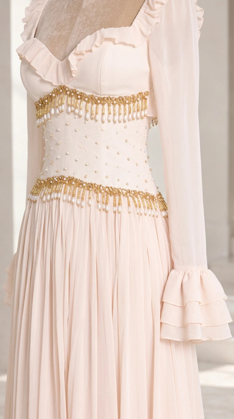 Close-up of beaded fringe corset waist and ruffled sweetheart bodice