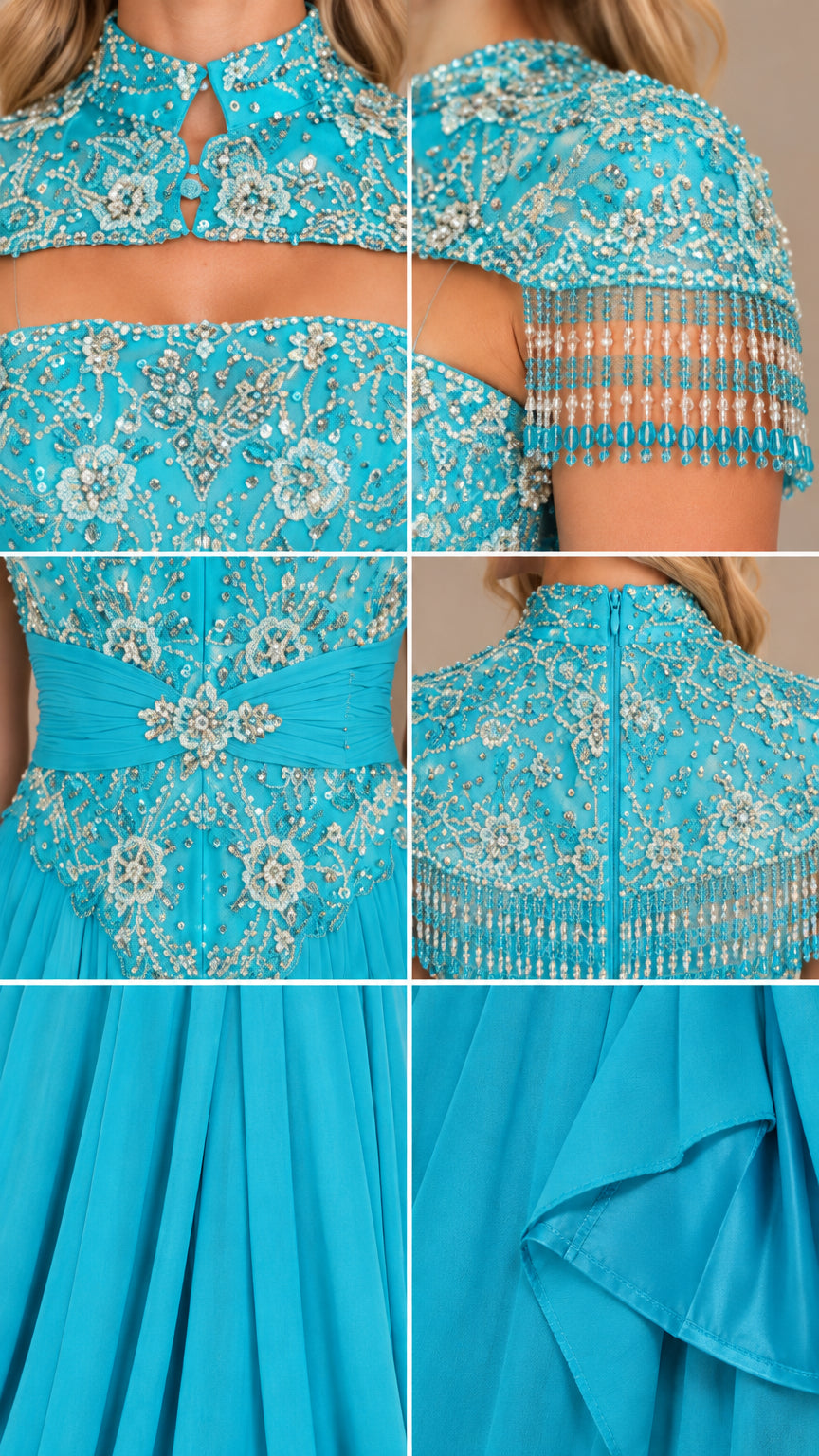 Close-up details of turquoise beaded collar, tassel fringe, and waist embellishments