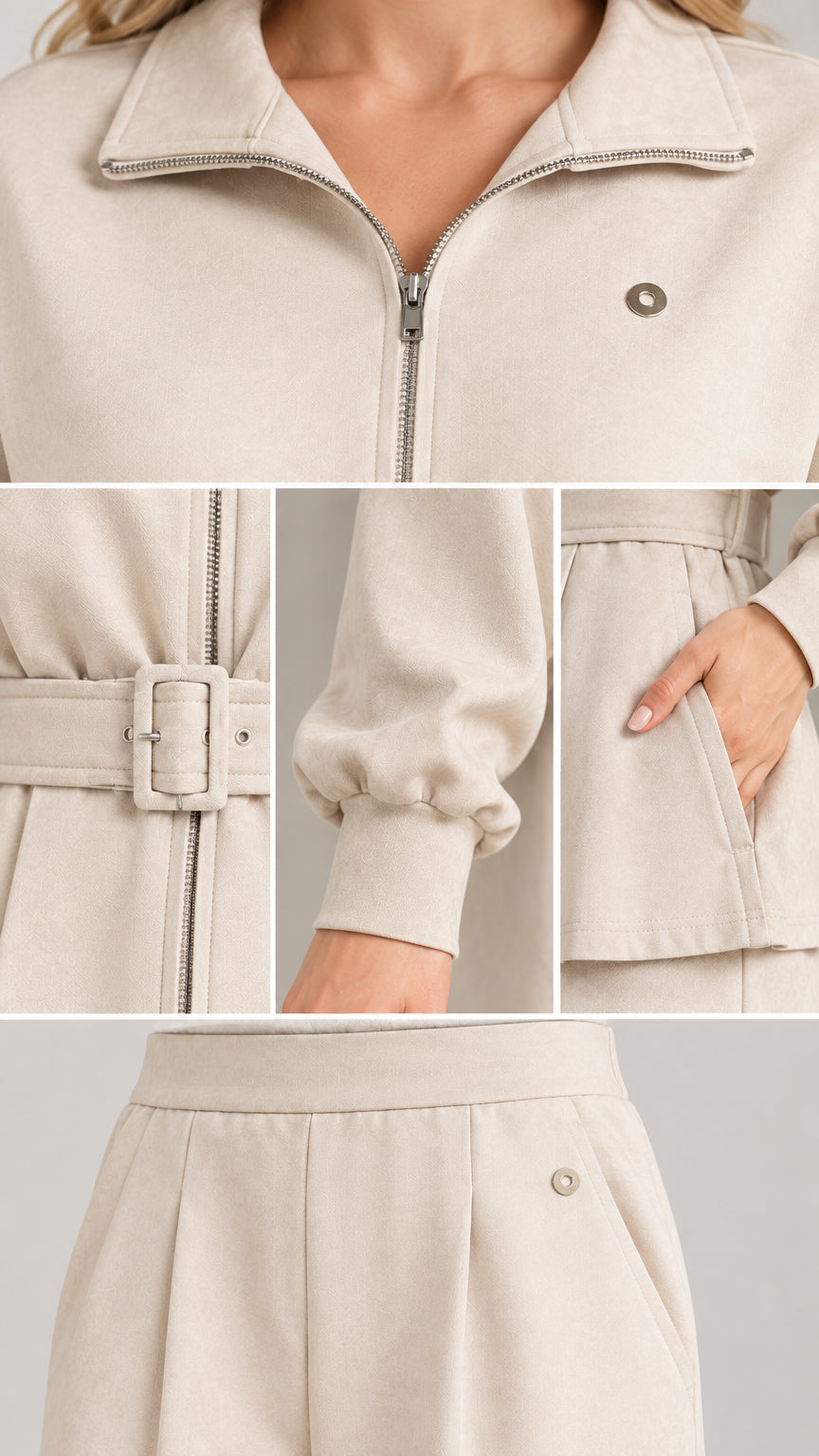 Close-up details of collar zipper, buckle belt, sleeve cuff, and trouser waistband
