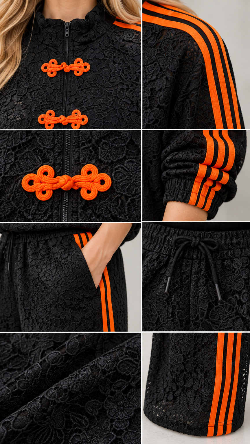 Detailed close-ups of black lace fabric, orange frog buttons, drawstring waist, and side stripes