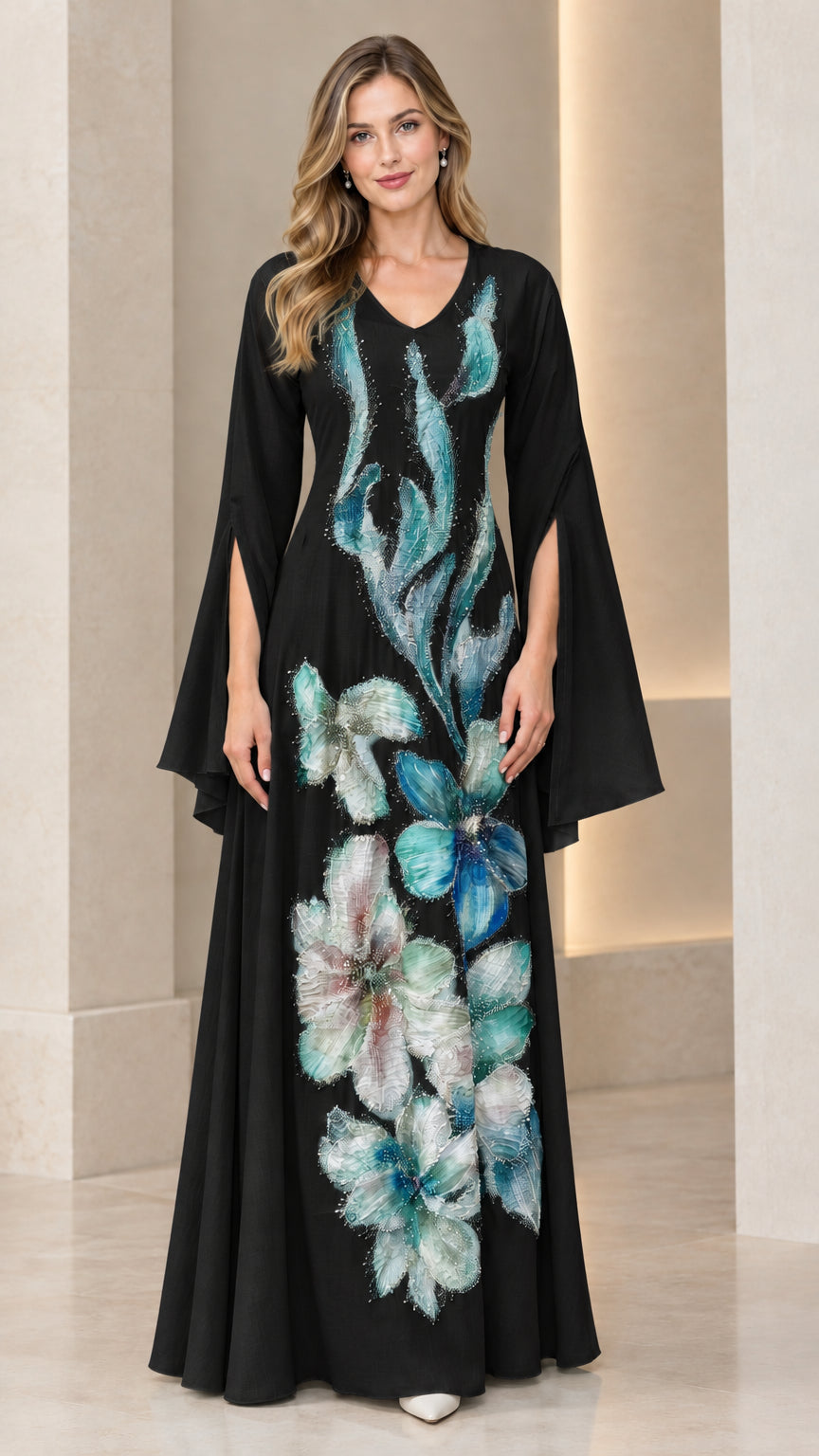 Black floral embroidered long sleeve maxi dress