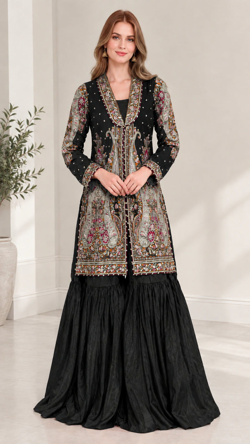 Woman wearing Classic Black embroidered jacket and sharara pants set