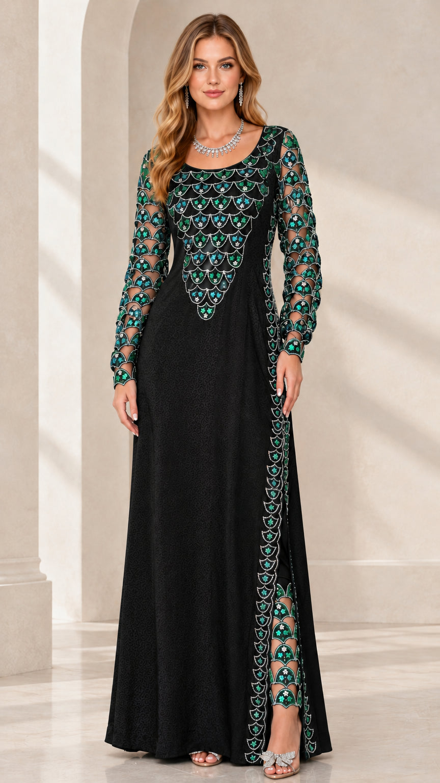Front view of woman wearing black sequin embroidered long sleeve maxi evening gown