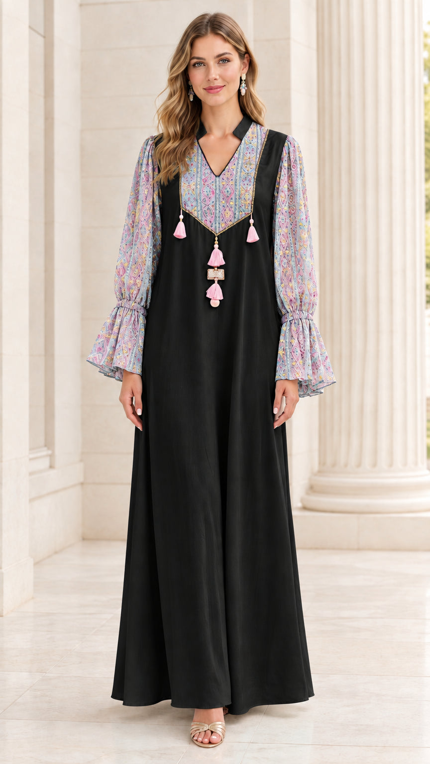 Black long sleeve maxi dress with contrast printed sleeves and embroidered yoke