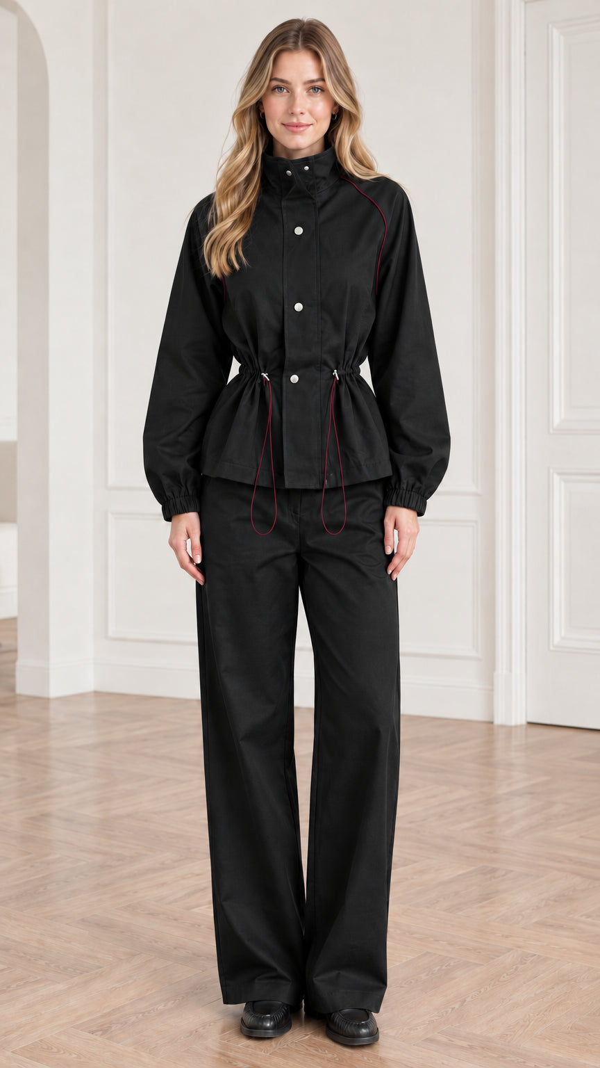 Front view of woman wearing black utility jacket and wide-leg trousers matching set