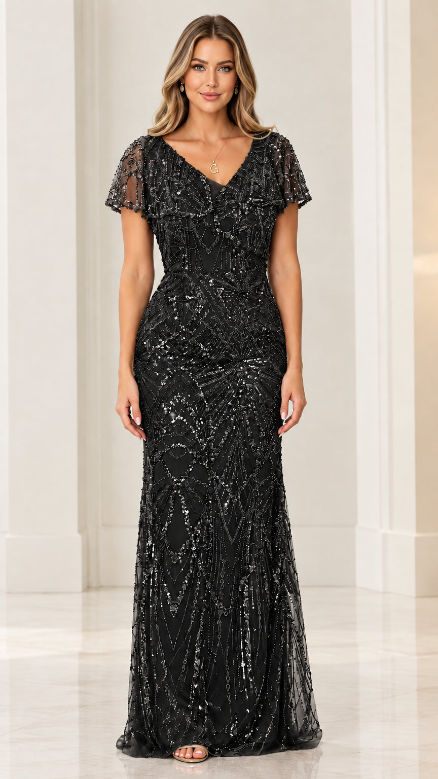 Black sequin flutter sleeve floor length evening gown