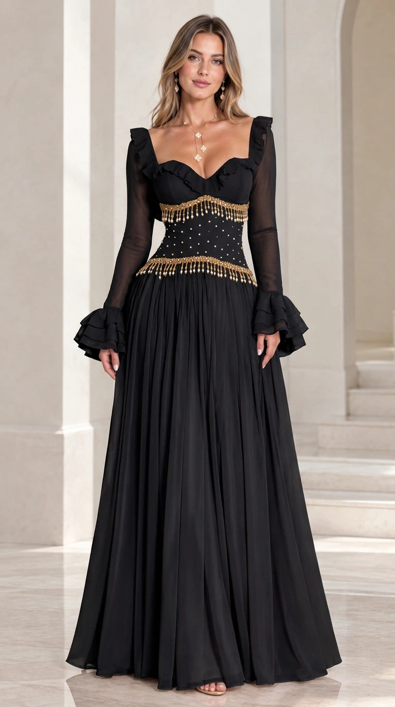 Black long-sleeve beaded corset maxi gown front view